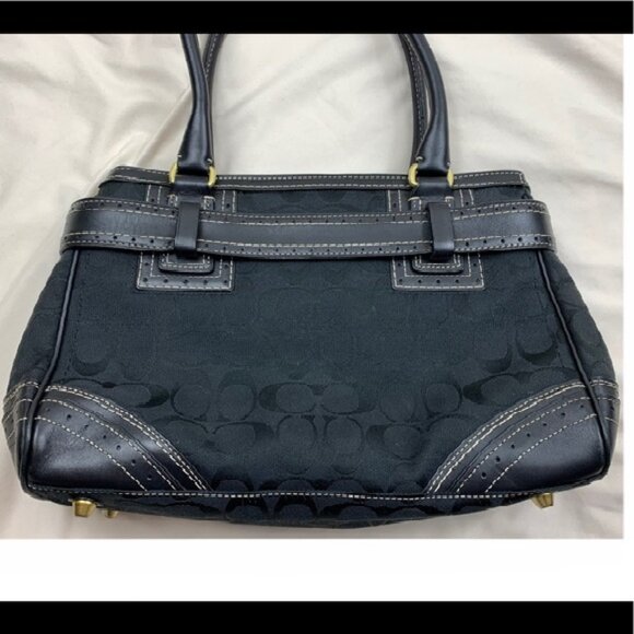 Coach Black HAMPTON Leather/Jacquard Signature Satchel Bag EUC - Picture 4 of 16